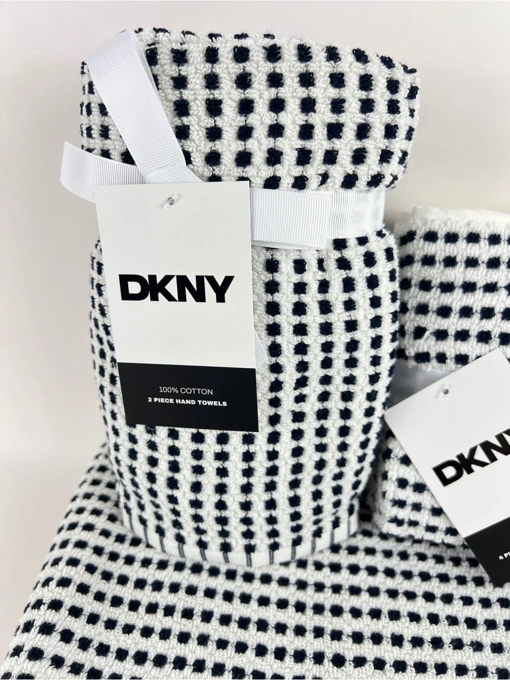 DKNY Bath Towel Set Black White Textured Dot 100% Cotton Super Soft 8 Pc NEW